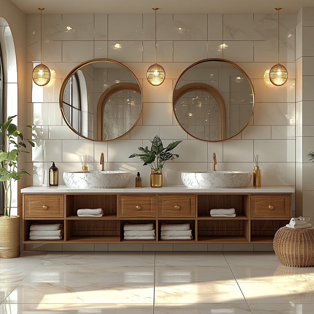 Double vanity bathroom design with custom wood cabinetry and gold fixtures by Hillstar Construction in Los Angeles