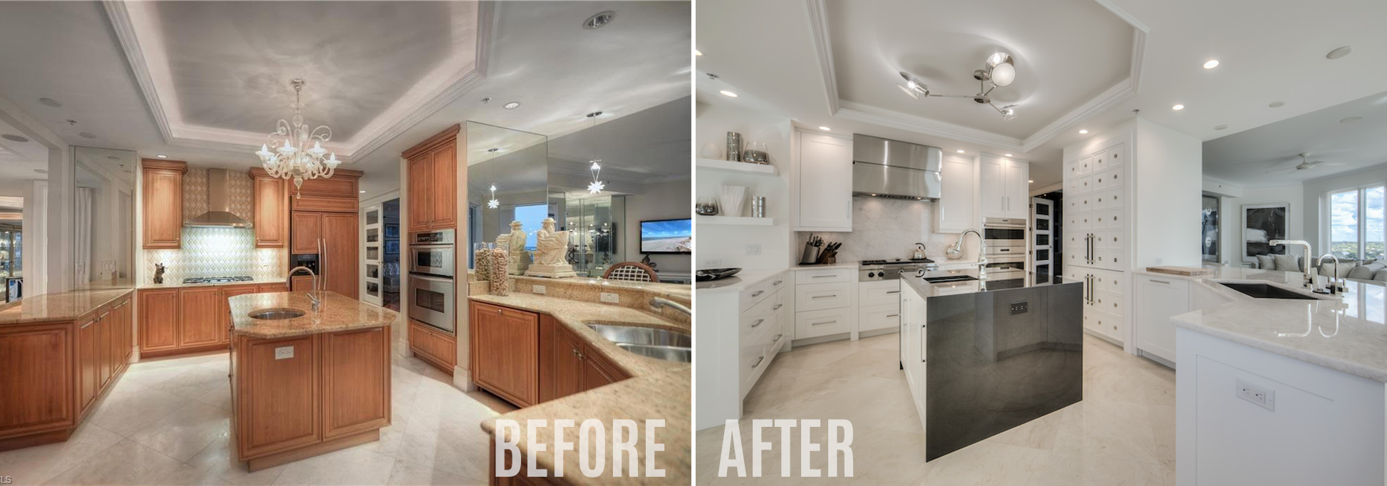 Kitchen remodel before and after — outdated wood kitchen transformed into modern white kitchen with island