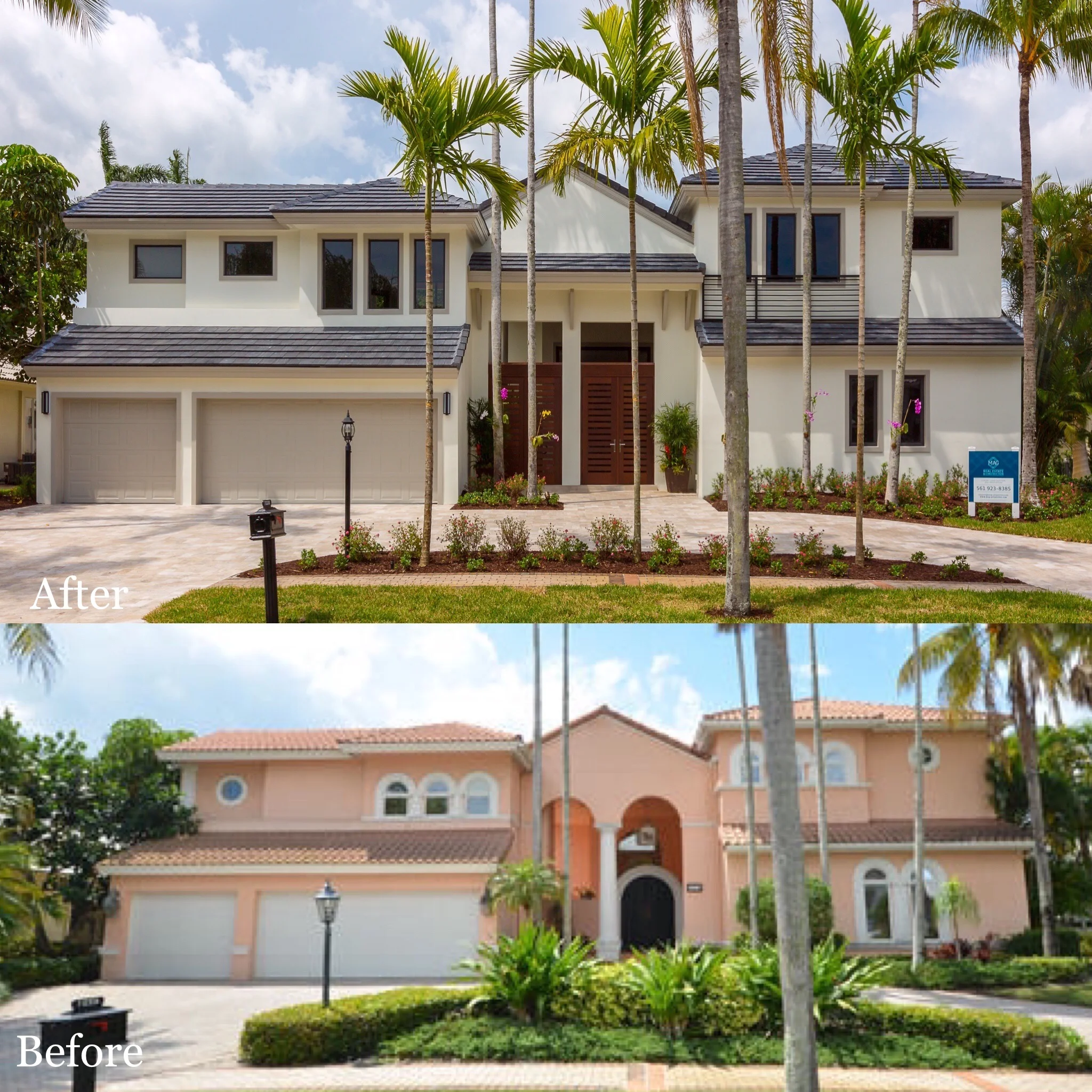 Second story home remodel before and after — dated two-story house transformed into modern stucco home with new roof and entry by Hillstar Construction