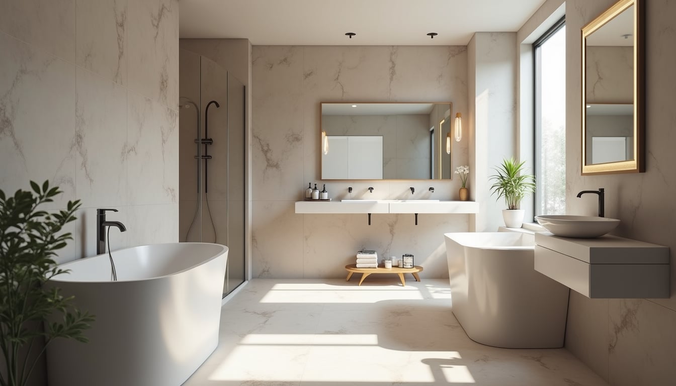 Modern bathroom project with freestanding tub and marble finishes