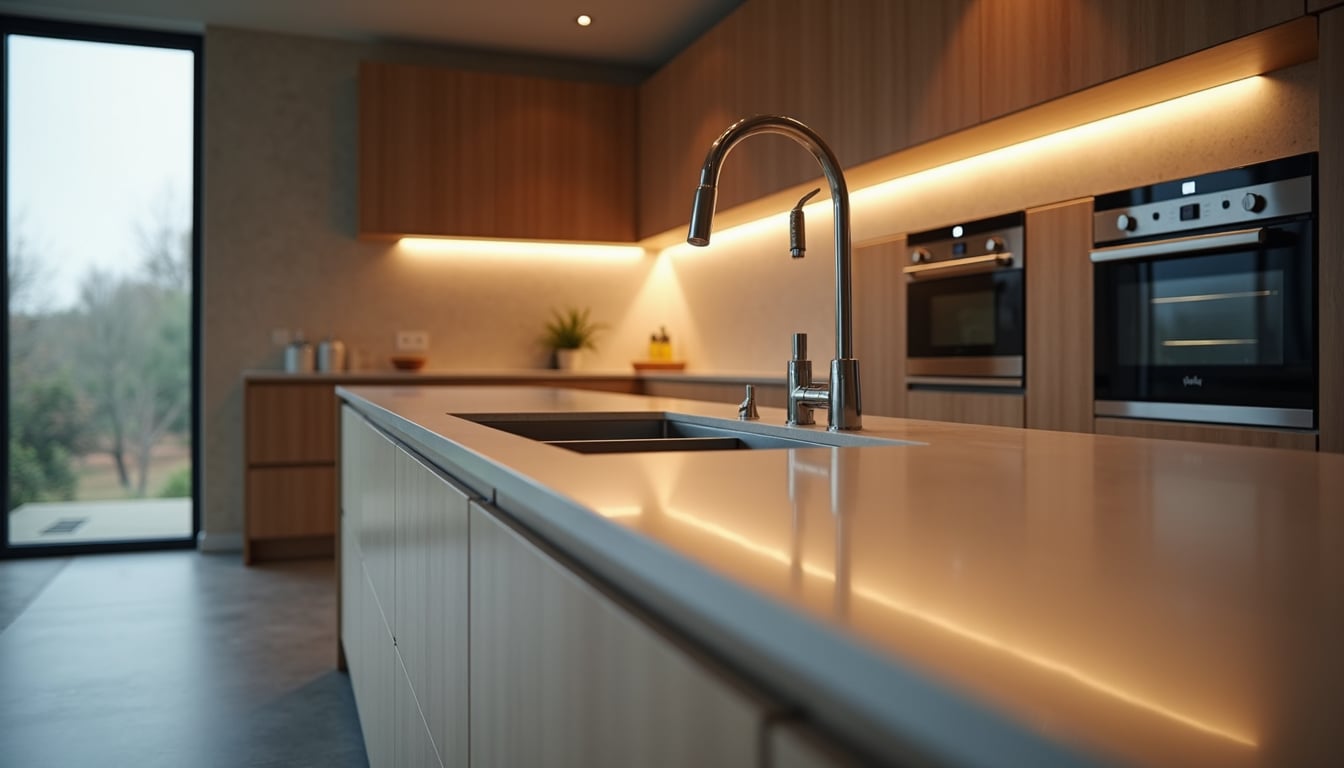 Custom kitchen design with modern island and under-cabinet lighting