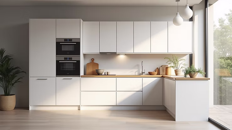 Open kitchen layout with dining area